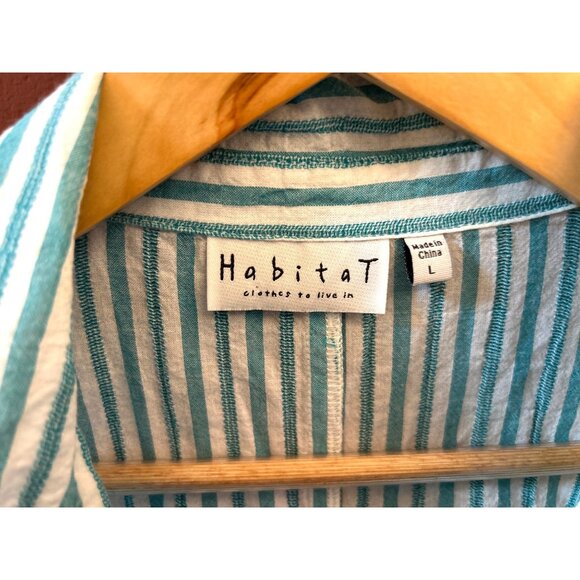 Habitat Green White Hi Low Stripe Button Front Roll Tab Sleeve Shirt Coastal - Picture 3 of 6